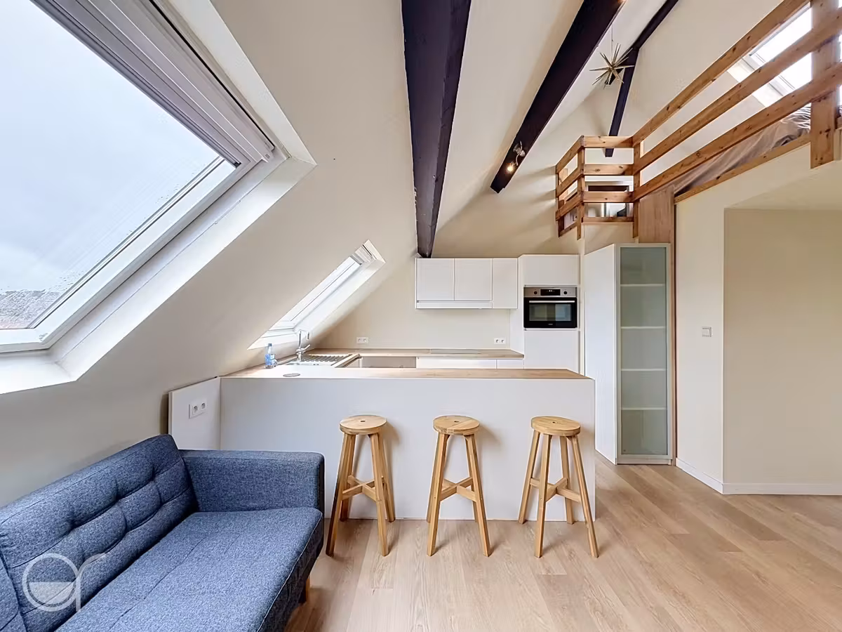 Bemeubelde studio met mezzanine aan de Visserij